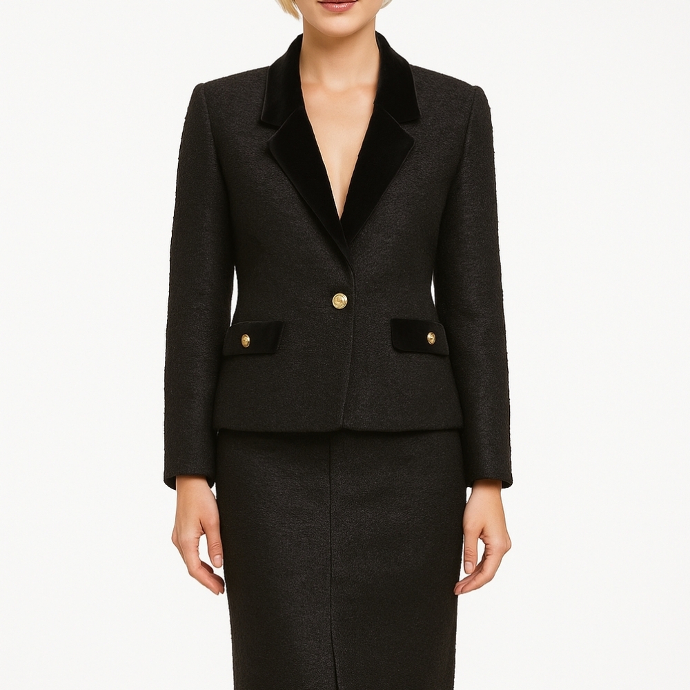 Elegant Vintage Tweed Suit Blazer And Midi Skirt Set Black Old Money Small